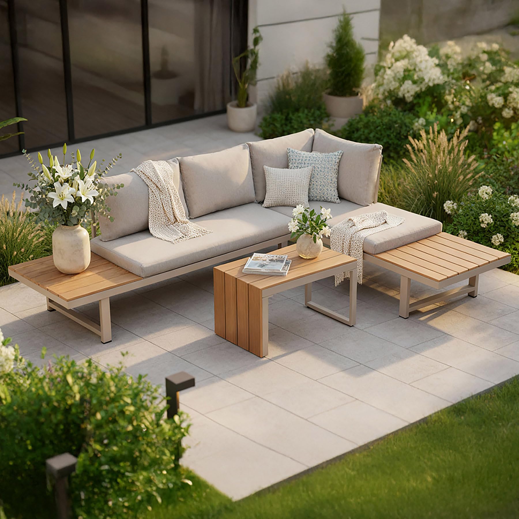 Riess Ambiente Wetterfestes Gartenmöbel Set Ibiza MODULAR Lounge - 250cm - Champagner Greige - Aluminium
