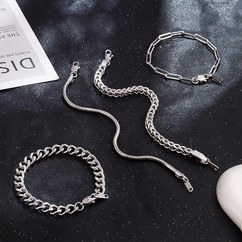 Miniatura 4 de Ritach Pulsera de cadena cubana de acero inoxidable para hombres y mujeres, ancho de bordillo, cuerda de plata, juego de pulseras de cadena cubana