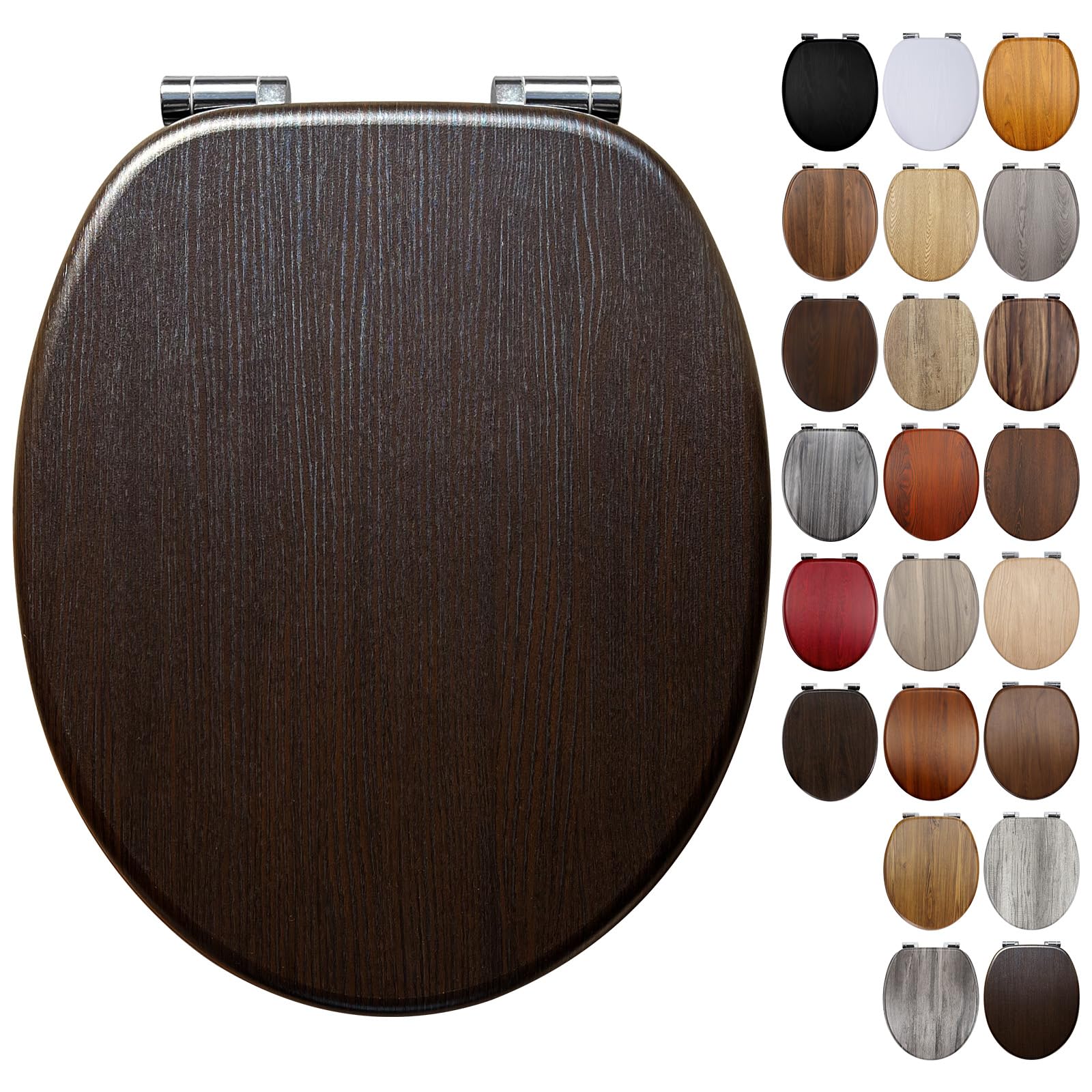 Fanmitrk Dark Brown Wood Soft Close Toilet Seat with Adjustable Solid Zinc Alloy Hinges, MDF Wooden Oval Toilet Seat with Bottom Fixings, Easy to Clean and Install (JHA416-01) โ image 1