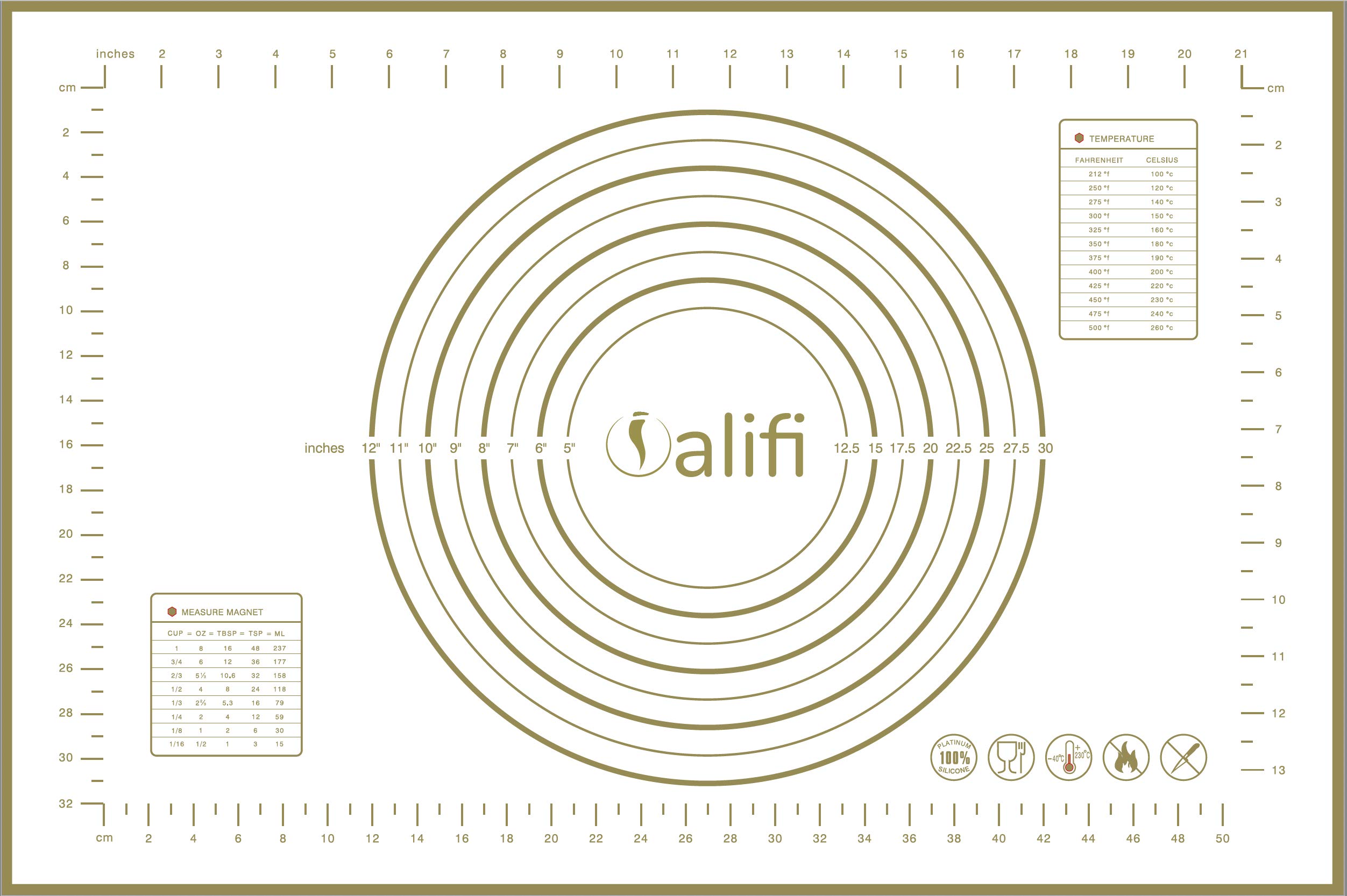 Alifi Large Size Non-Stick Silicone Baking Mat Kneading Sheet for Rolling Dough Cake Macaron Pies and Pizza with Measurements.