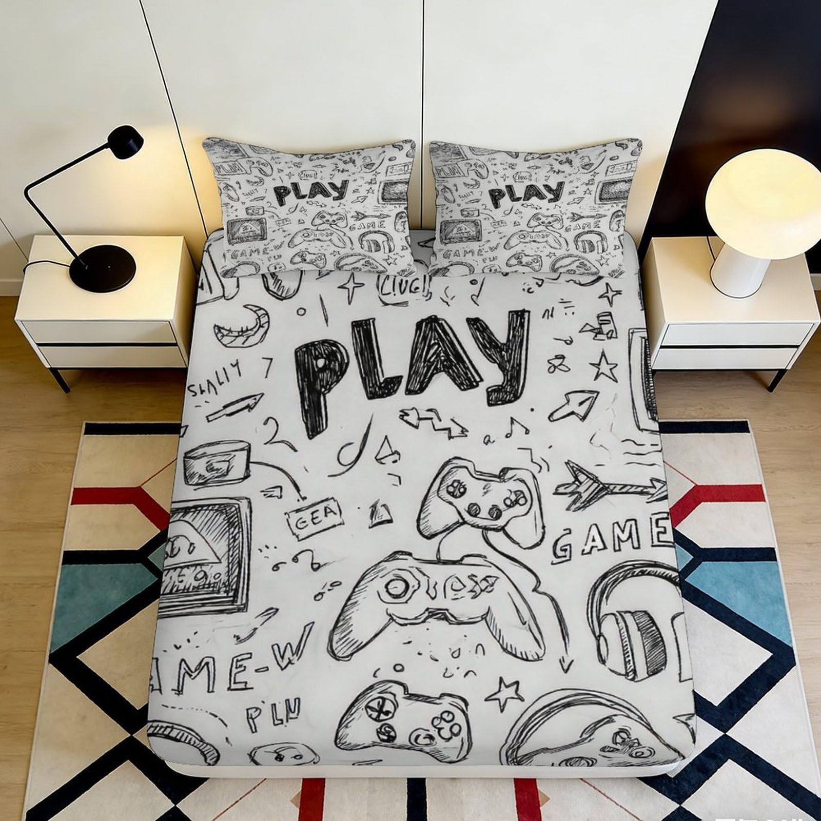 3D Printed Graffiti Gamepad Fitted Sheet Microfiber Soft Breathable Cartoon Controller Mattress Cover for Bedroom Dorm Decor 140x200x25cm