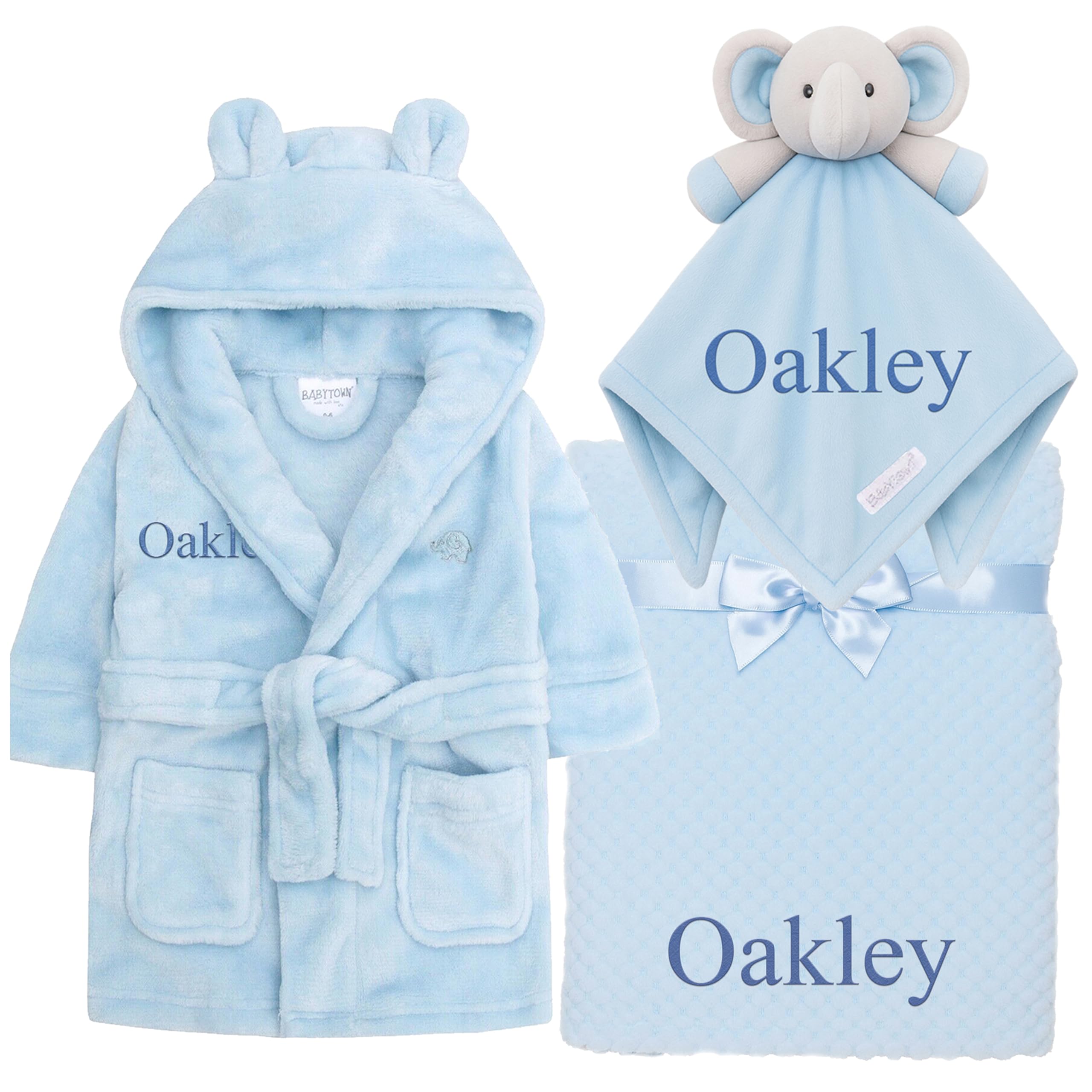 Personalised Baby Dressing Gown, Elephant Comforter & Blanket Set Gift Bundle Waffle (BLUE Robe, Elephant Comforter, Waffle Blanket, 18-24 Months)