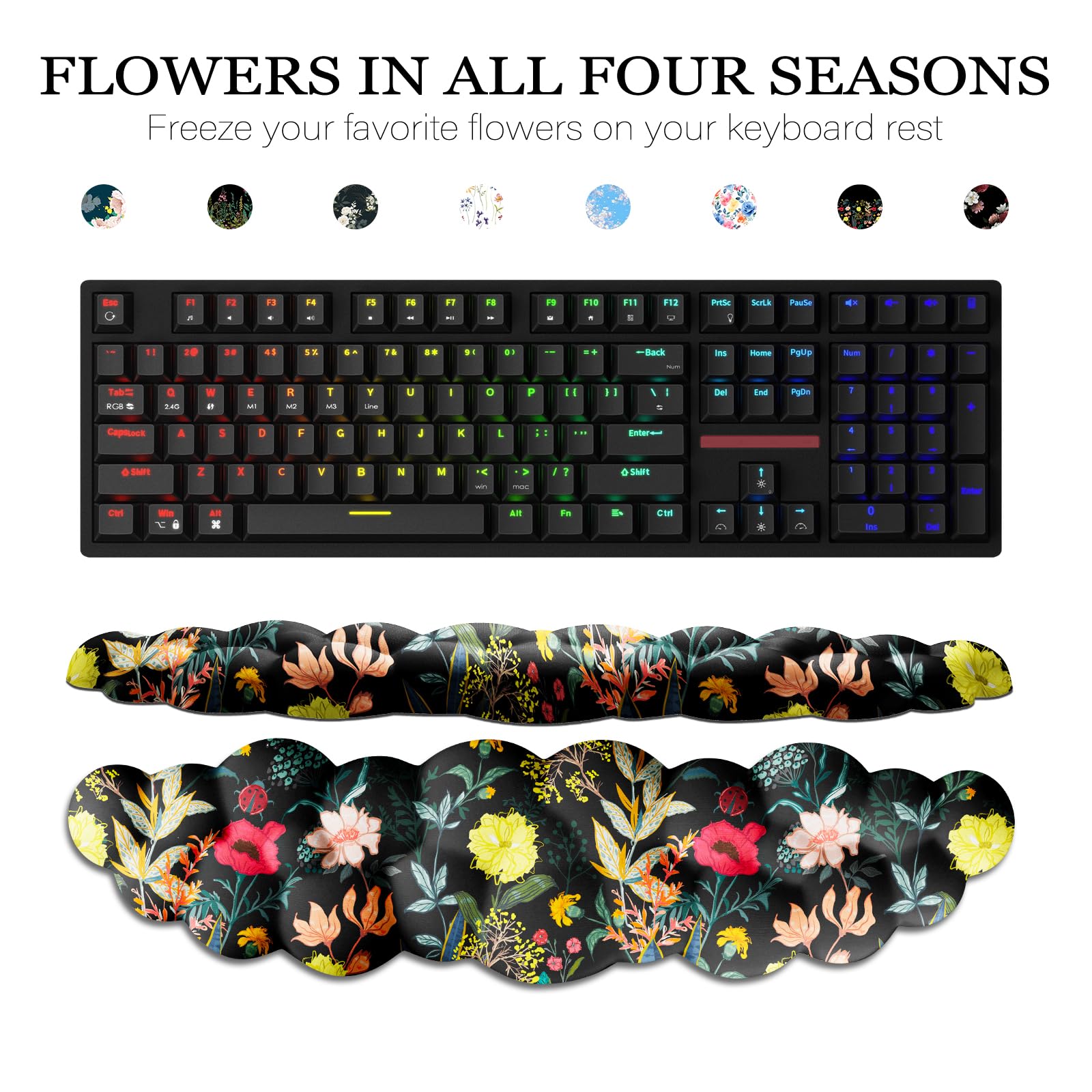 JIKIOU Ensemble de repose-poignet en tissu Lycra imperméable pour clavier avec motif de fleurs et nuage - Accoudoir mignon pour paume - Accessoires de bureau pour jeux sur PC, ordinateur de bureau