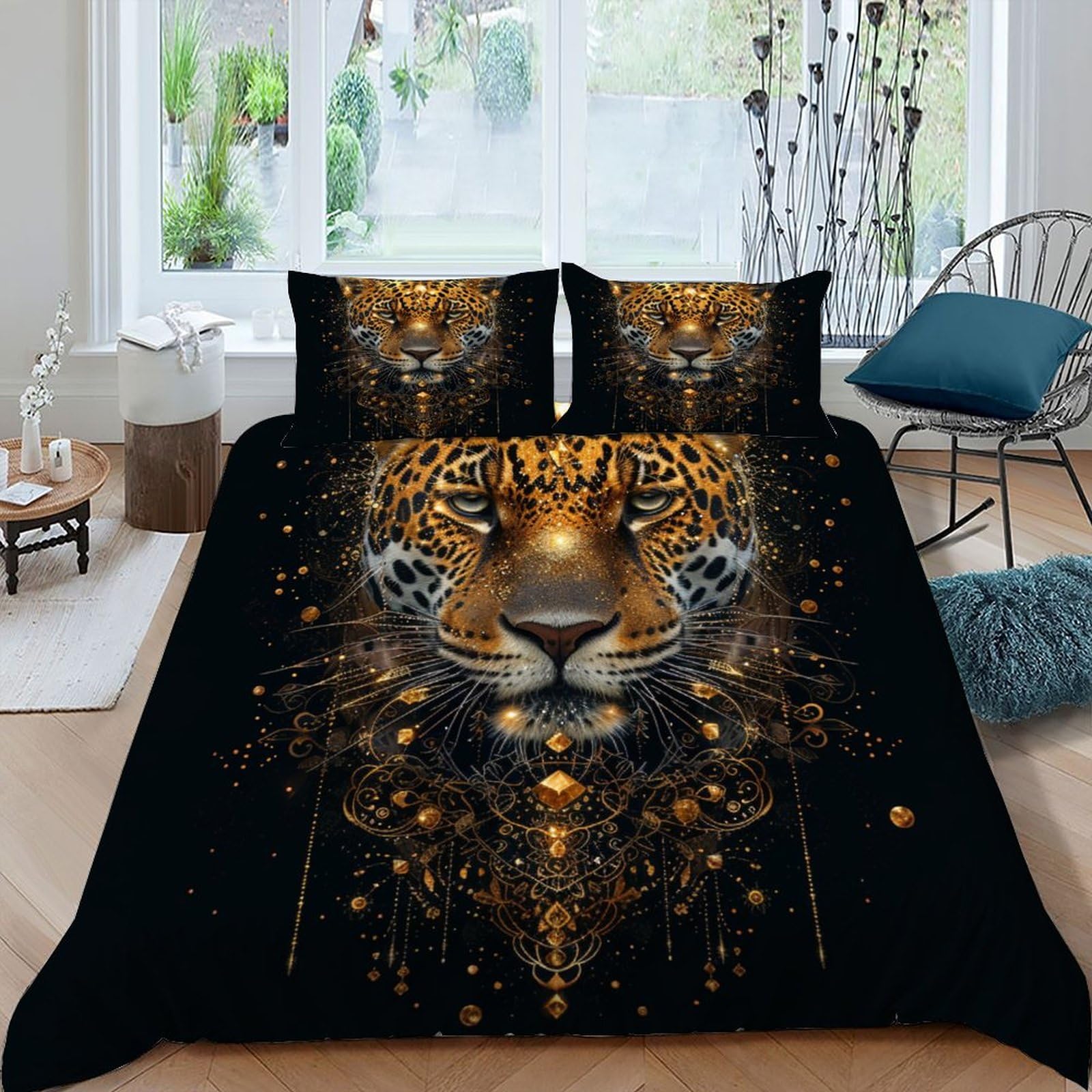 Housse de couette microfibre léopard facile d'entretien pour lit 2 personnes sans repassage