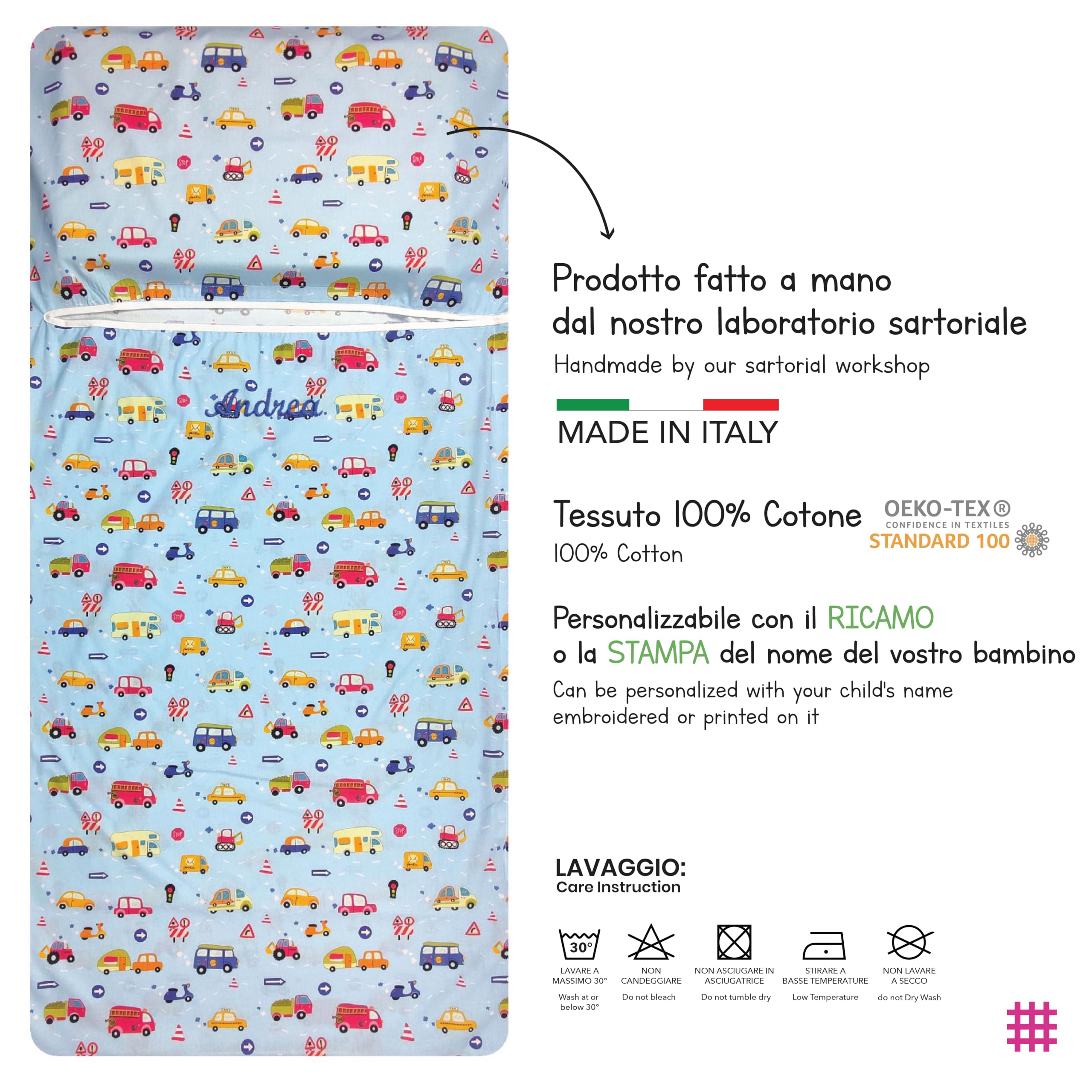 Sacco nanna Estivo personalizzato con nome stampato o ricamato per Bimbo e Bimba da 2 a 6 Anni - Tessuto 100% Cotone-Copertina Asilo-Macchinine