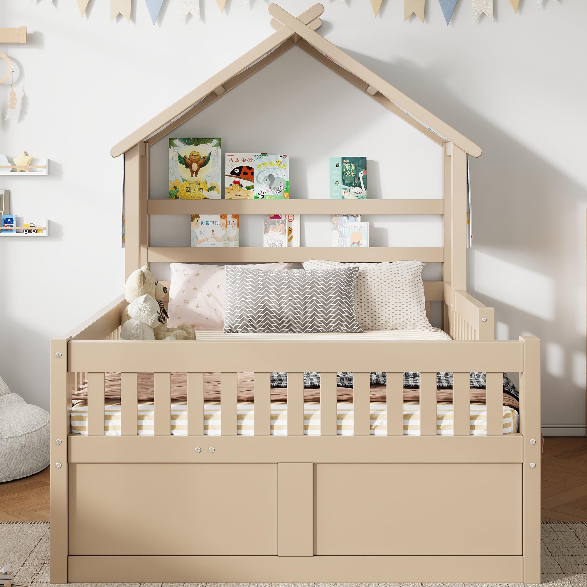 Sapgaks Lit Enfant en Bois 140 x 200 avec lit gigogne 90x190,3 tiroirs et barrières de sécurité,lit cabane Enfants,Cadre de lit 140 x 200 avec sommier à Lattes (C-Jaune Clair 140x200)