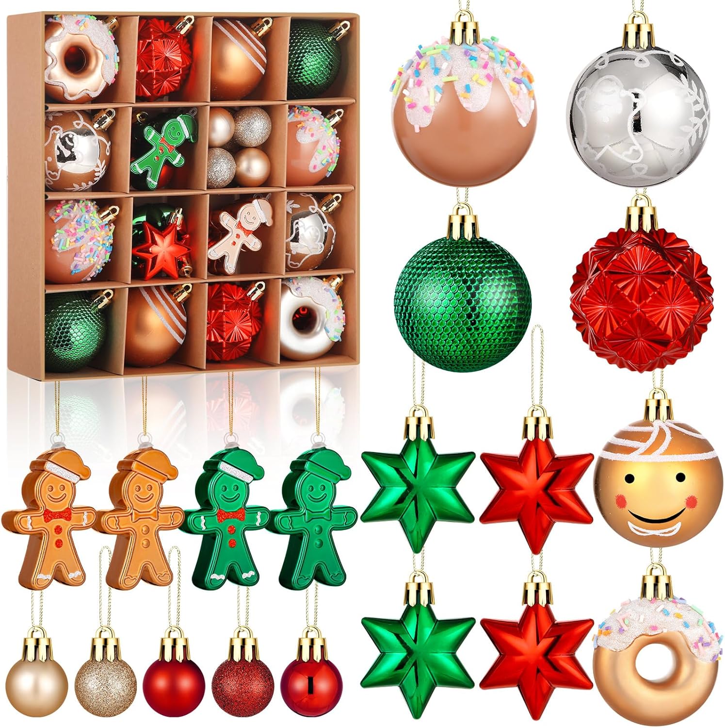 Syhood 40 Pcs Gingerbread Man Christmas Ball Ornaments 2.4 Inch Gingerbread Christmas Decorations Shatterproof Red Green Gold Candy Donut Xmas Baubles for Tree Home Wreath Holiday Office Indoor Decor