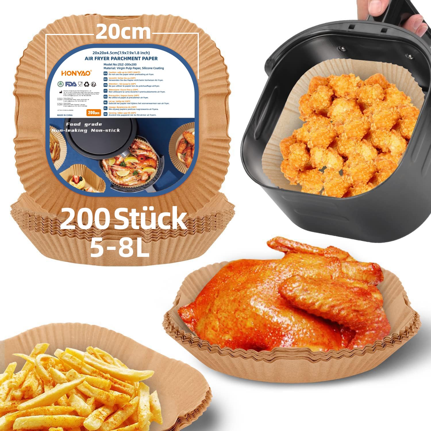HONYAO 200 Stück Backpapier für Heißluftfritteuse XXL 5-8 L, 20x20 cm Quadrat Air fryer Backpapier Antihaft Einwegschalen Luftfritteuse Pergamentpapier Kompatibel mit COSORI,Philips,Cecotec Airfryer