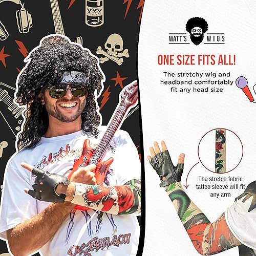 Miniatura 4 de Watt's Wigs Disfraz de estrella de rock de los años 80 para hombre, peluca negra con diadema, manga de tatuaje y guante, traje rockero de los 80