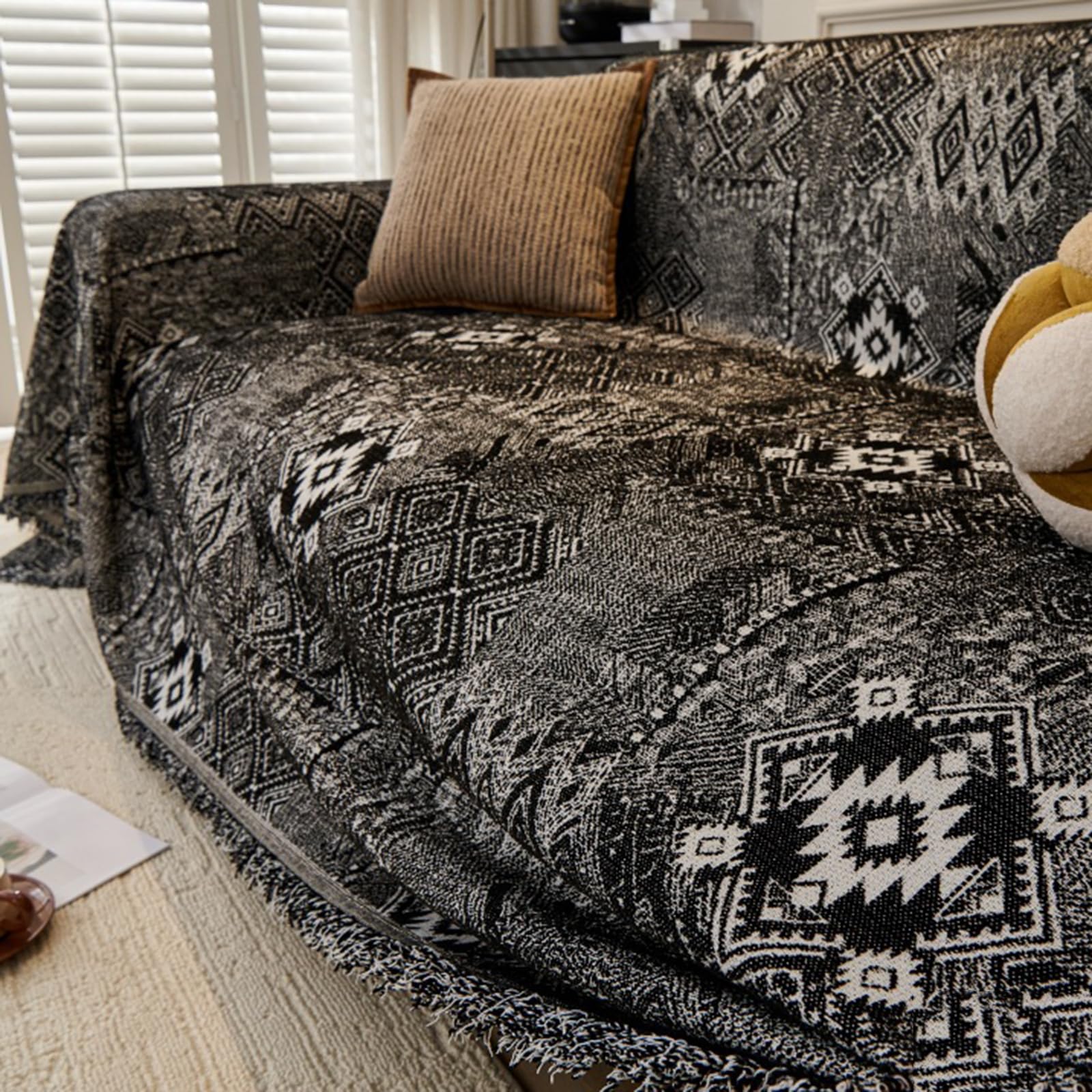 Plaids Jeté De Canapé Vintage Housse De Canapé en Chenille Couverture De Canapé Toutes Saisons pour CanapéS 1 2 3 4 Places Serviette De Canapé d'angle pour Pause DéJeuner(230X380cm,Black)
