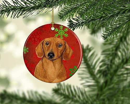 Miniatura 2 de Caroline's Treasures Dachshund copos de nieve rojos y verdes, adorno de cerámica de Navidad para colgar en el árbol de Navidad, decoración para el