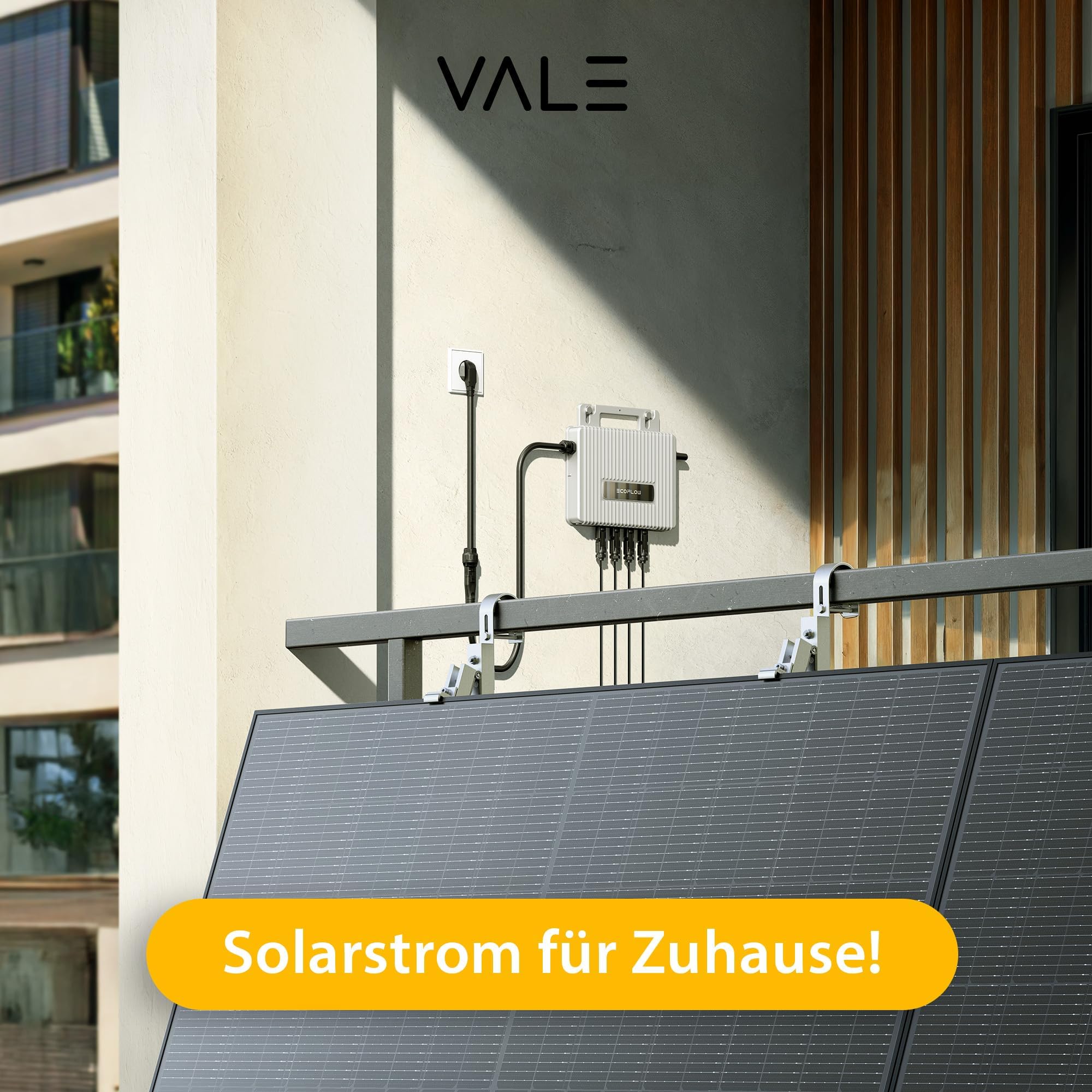 VALE Balkonkraftwerk Bifazial 900 Wp Full Black - EcoFlow Stream Wechselrichter 800 W - Set mit Universalhalterung - 5m AC-Kabel - inkl. App-Steuerung | EcoFlow Stream Wechselrichter 800 W, Set mit Universalhalterung, 5m AC-Kabel, inkl. App-Steuerung