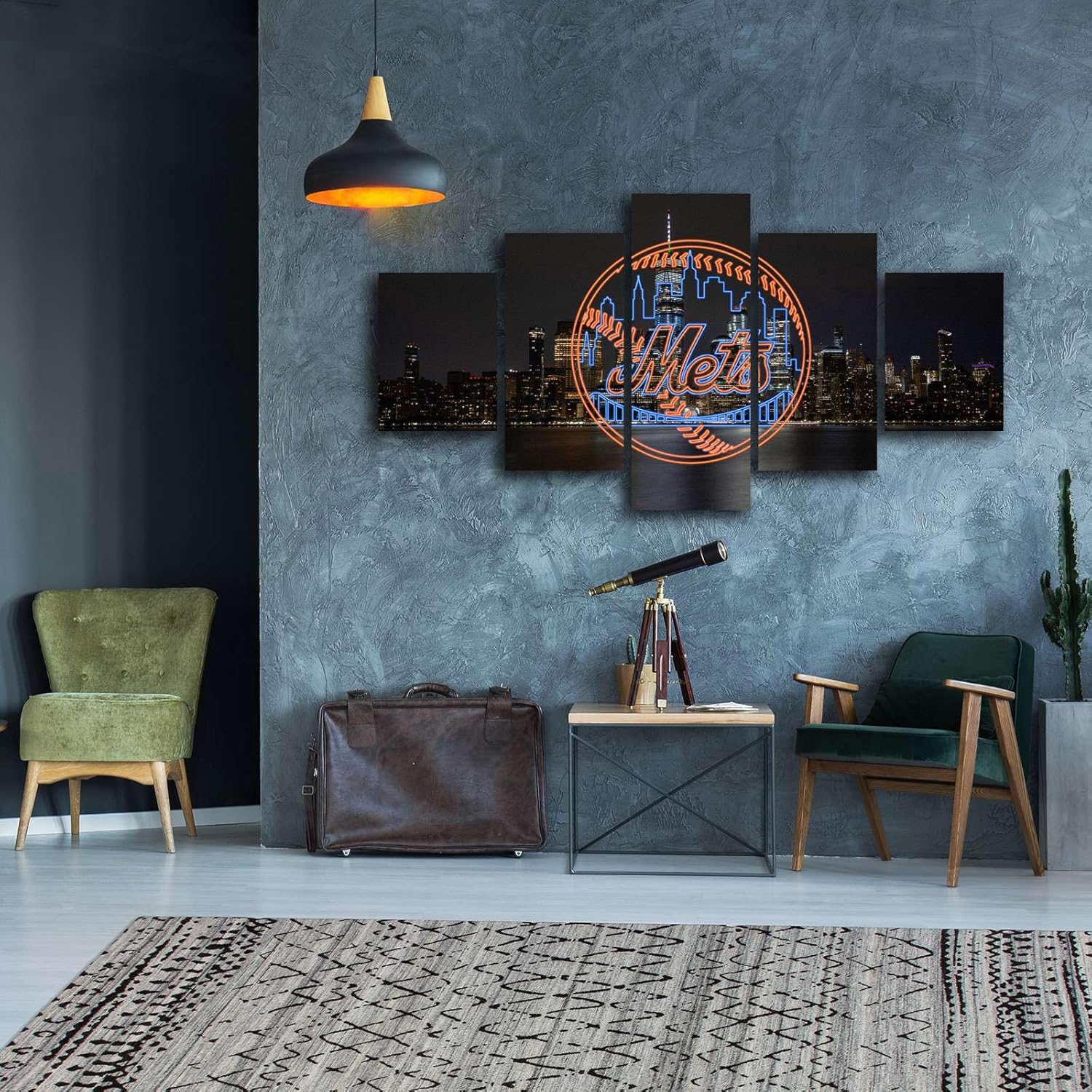 New York Photography Poster With Neon effect Mets Sign (5-Panel Framed Canvas Printing Full Size: 60x100cm) Home Decor Man Cave Wall Art - Image 8