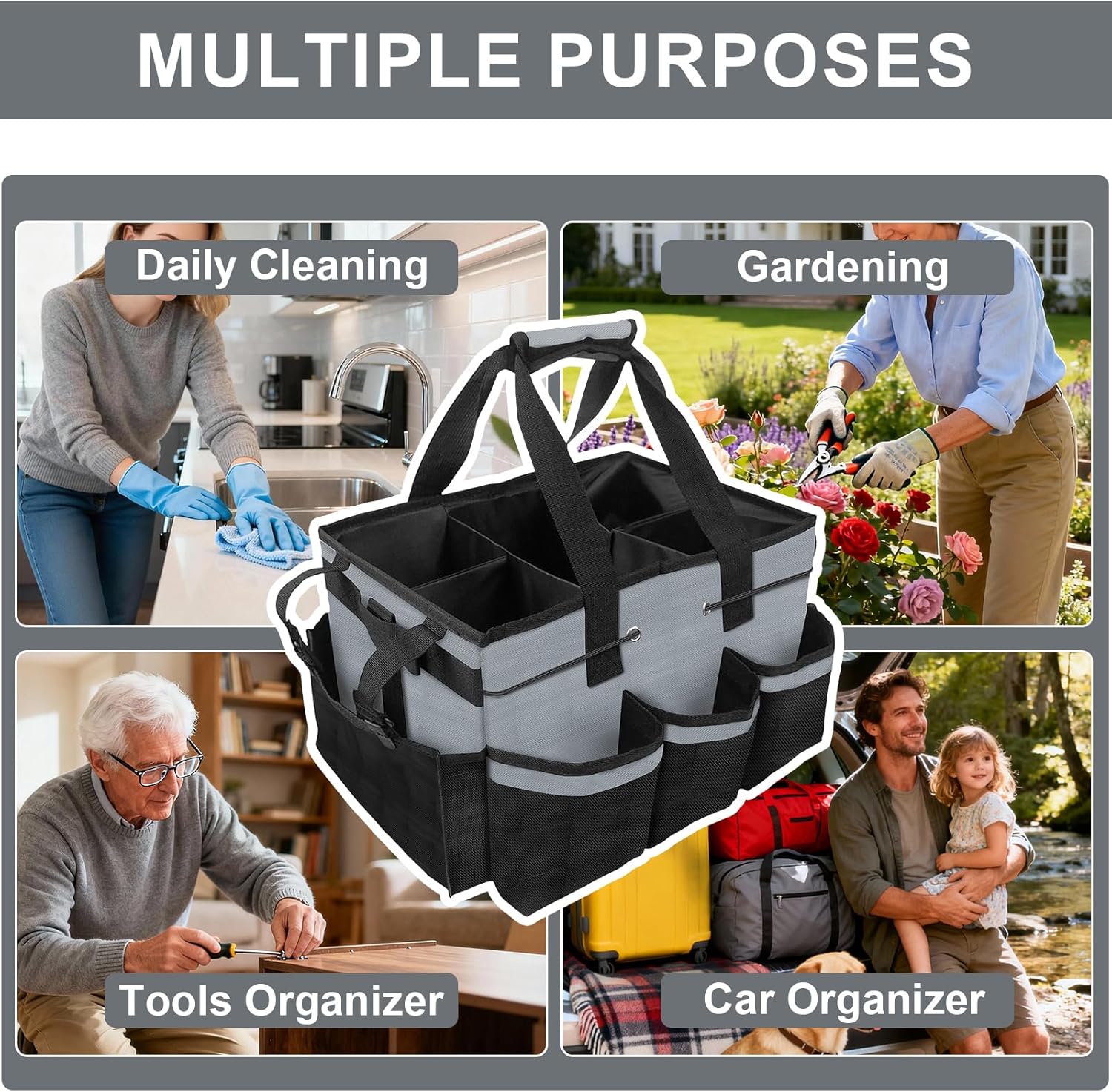 ALSLEA Large Cleaning Caddy Bag 15" x 10½" x 9" Heavy-Duty Organizer Tote for Home, Housekeepers, Janitors Cleaning Caddy for Cleaning Supplies with Shoulder Strap & Multiple Pockets (Gray)
