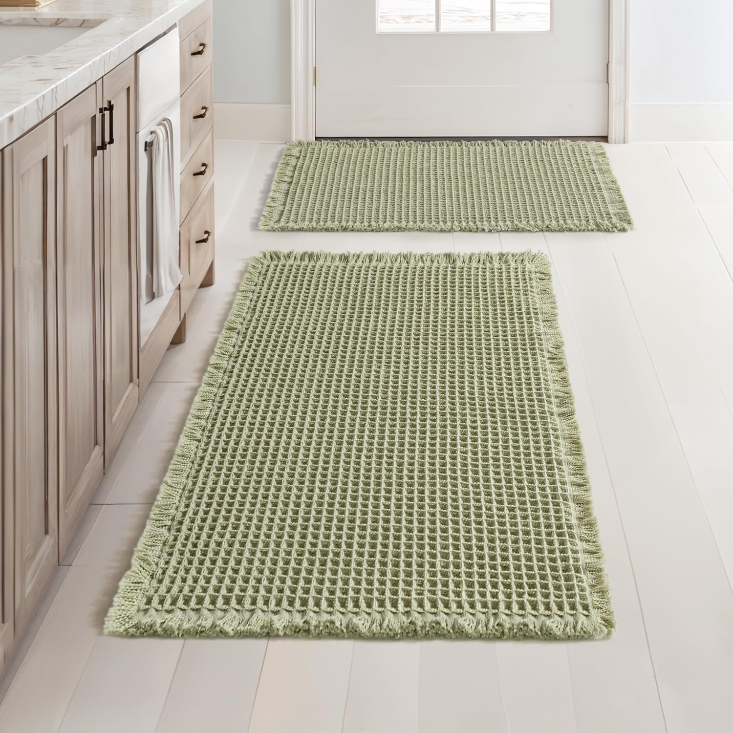 MIULEE Set of 2 Waffle Bathroom Rugs, Boho Bath Rugs Non Slip Washable, Super Absorbent Bath Mats, Ultra Soft Rubber Backed Shower Mats for Bathroom