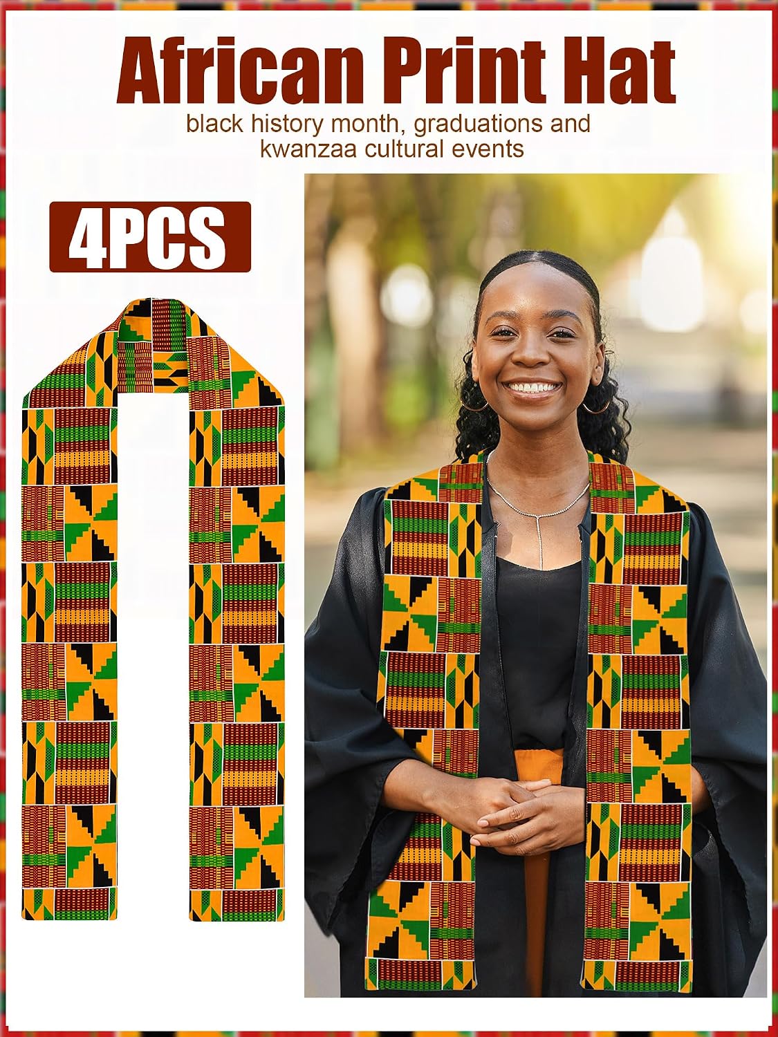 2 Pcs African Hats Kente Scarf Set African Turban Dashiki Cloth Print Kwanzaa Stole Black History Scarf for Men