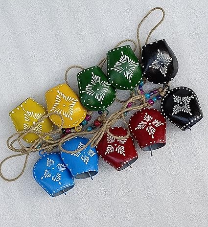 ONLINECRAFT Harmony Cow Bells Painting Bell Vintage Handmade Rustic Lucky Christmas Hanging D cor Bells On Rope Set of 10 pc (Bell Size 3.5