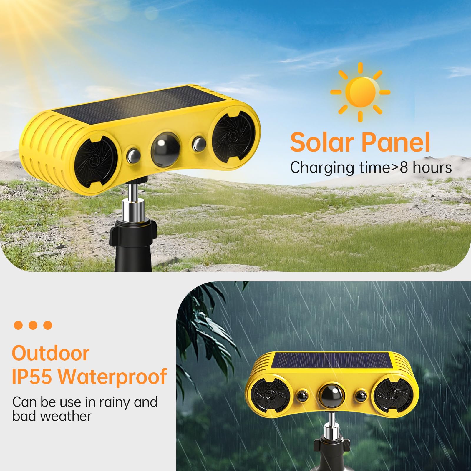 Alarma solar con sensor de movimiento para exteriores, alarma con sensor de movimiento, 13 sonidos, ladridos de perro y disparos, 2 x 130 db, fabricante de ruido fuerte, 4 modos, luz estroboscópica