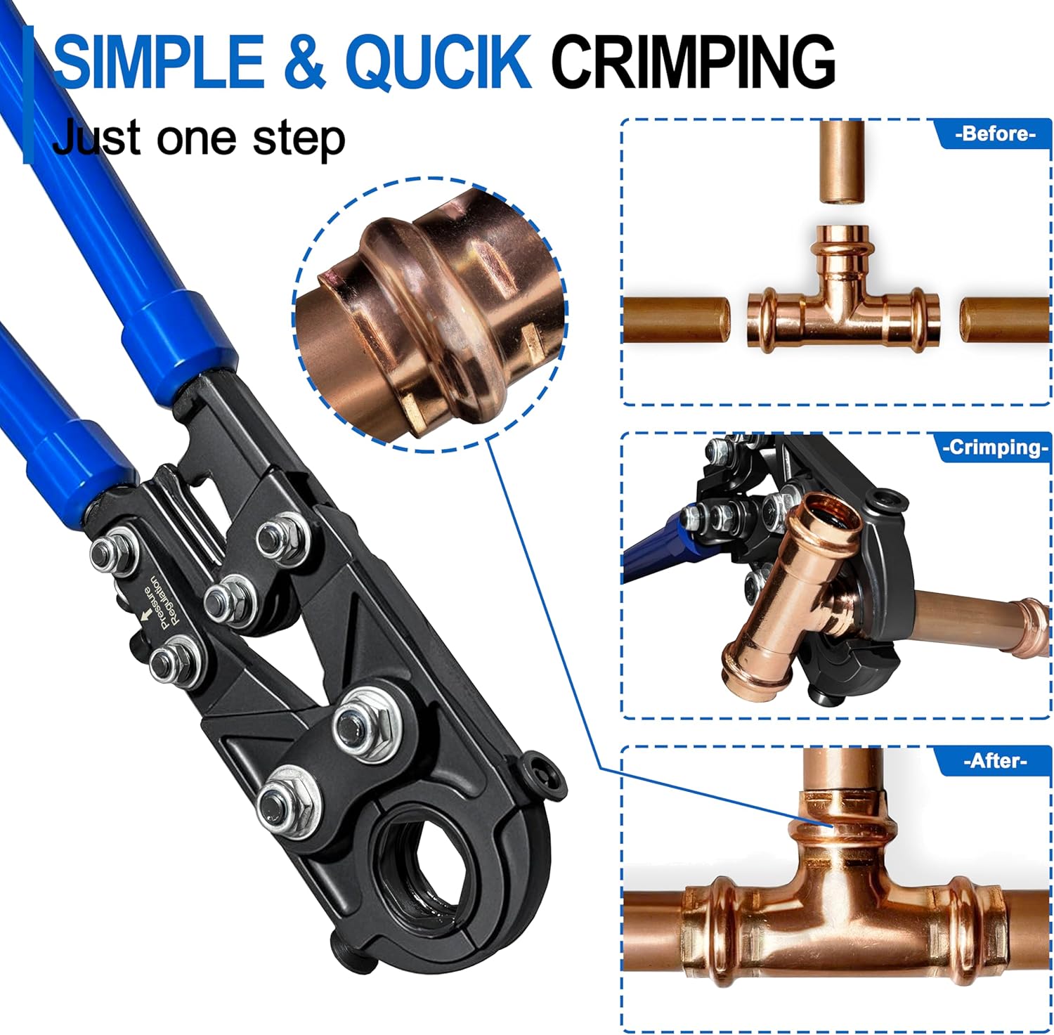 Copper Press Tool Pipe Crimping Tools with Telescopic Operating Arms (1/2", 3/4", 1" Jaws) Copper Tube Fittings Crimpers Pressing Pliers Suit for Confined Spaces and Tee Fittings