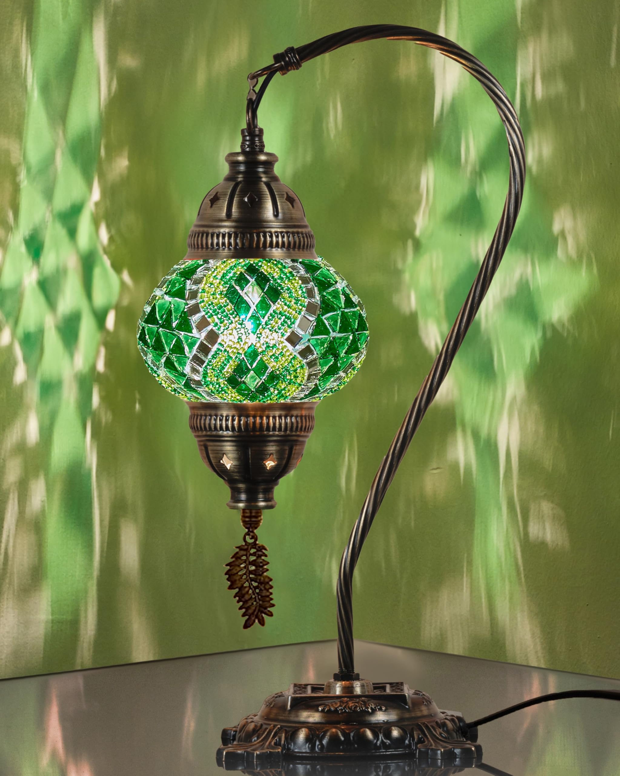 DEMMEX Authentic Turkish Lamp, Made in Turkey, Turkish Moroccan Tiffany Style Mosaic Table Bedside Lamp, Lampshade, 100% Handcrafted, Antique Brass Color Metal Body & Base, 15" (Green)