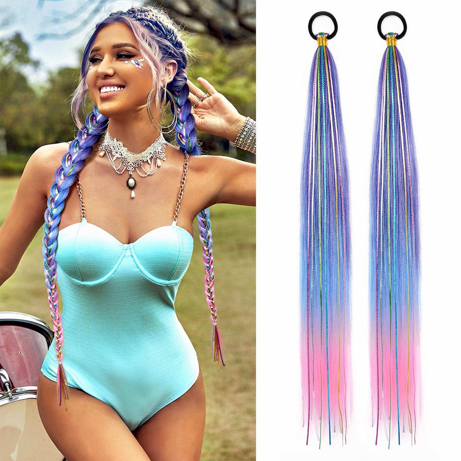26 Inch Hair Tinsel Colored Braided Ponytail Extension 2 Pack Blue Pink Gradient Hair Extensions Ponytail with Elastic Tie Straight Sleek Wrap Around Hair Extensions for Braids