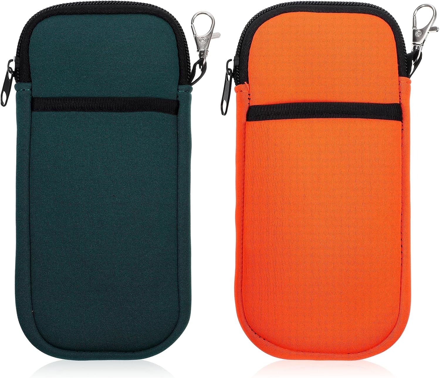 Soft Glasses Case, 2 Pcs Eyeglass Case with Carabiner Hook Lightweight Travel Eye Glass Cases Double Layer Soft Sunglass Cases Small Zipper Pouch (Orange + Green)