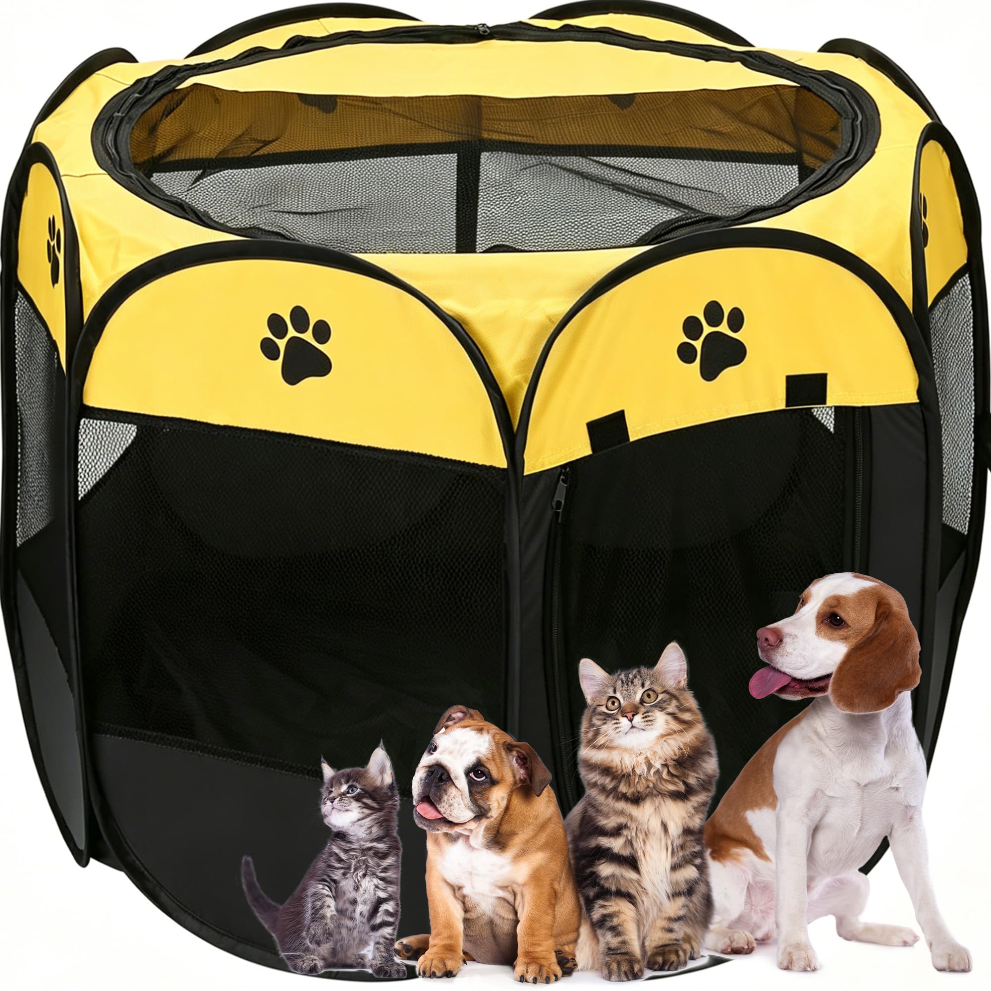 Foldable Pet Playpen - Portable, Soft Pop-Up Design for Dogs, Cats and Kittens - Breathable Mesh Fabric Cage - Lightweight and Indoor/Outdoor Use