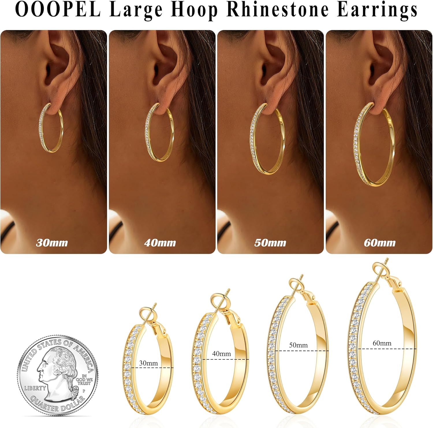 OOOPEL Large Rhinestone Hoops Sparkly Big CZ Hoop Earrings for Women Non Tarnish 925 Sterling Silver/Gold Plated Rhinestone Earrings for Sensitive Ears 20/30/40/50/60/70mm - Image 6