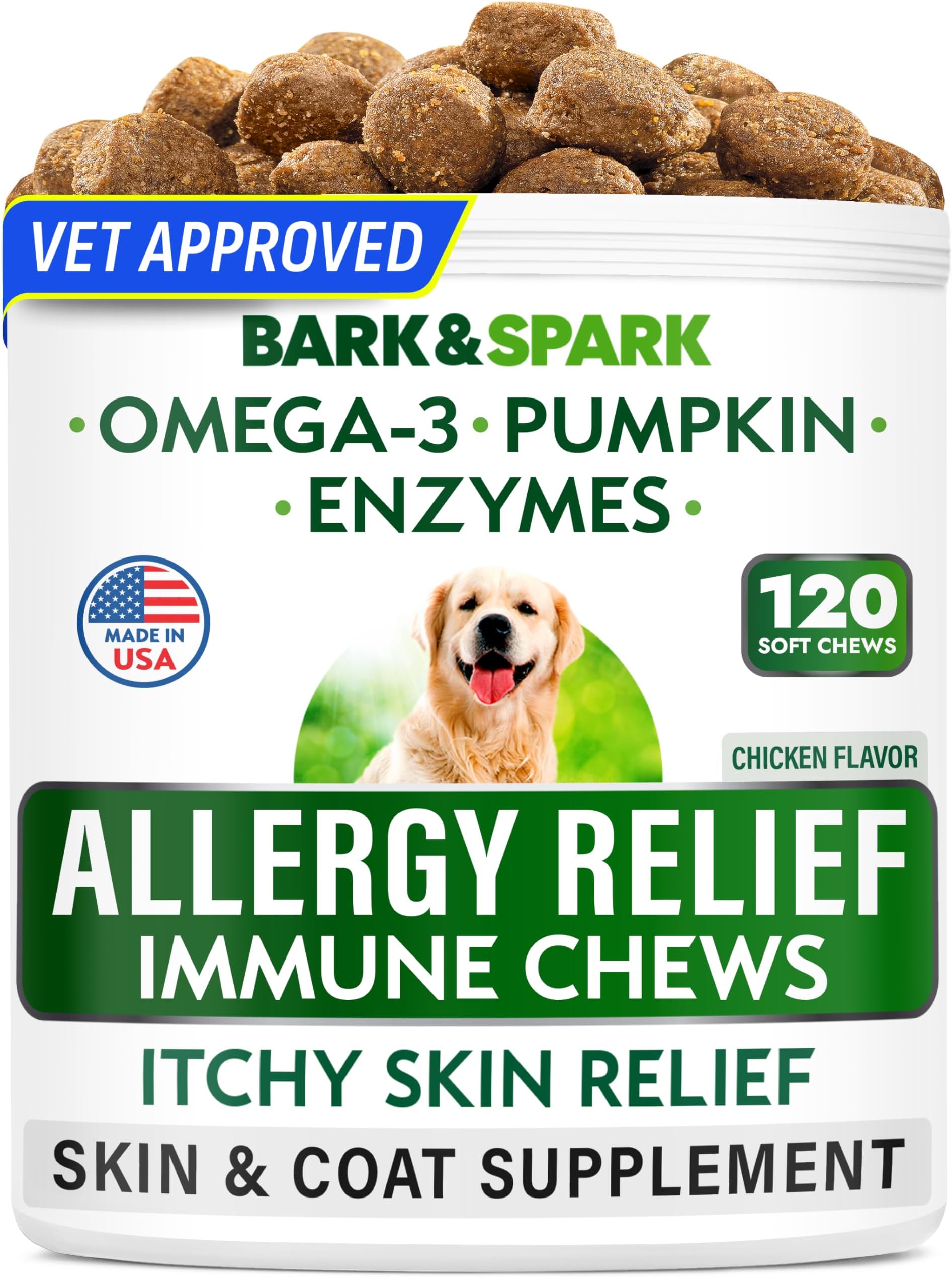 Dog Allergy Relief Soft Chews for Skin Health & Seasonal Allergies - Anti-Itch Supplement w/Omega-3, Quercetin & Bromelain Immune Treats for Dry Skin & Hot Spots - Chicken - 120ct