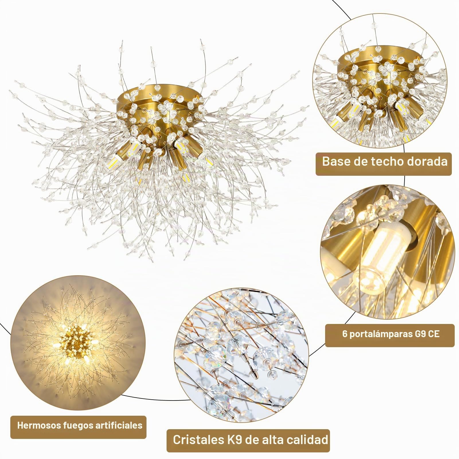 Rayofly Moderna lámpara de techo de cristal, fuegos artificiales diente de león Sputnik araña 6 lámparas G9 regulable dorado colgante lámpara colgante para dormitorio, salón, comedor, cocina, pasillo