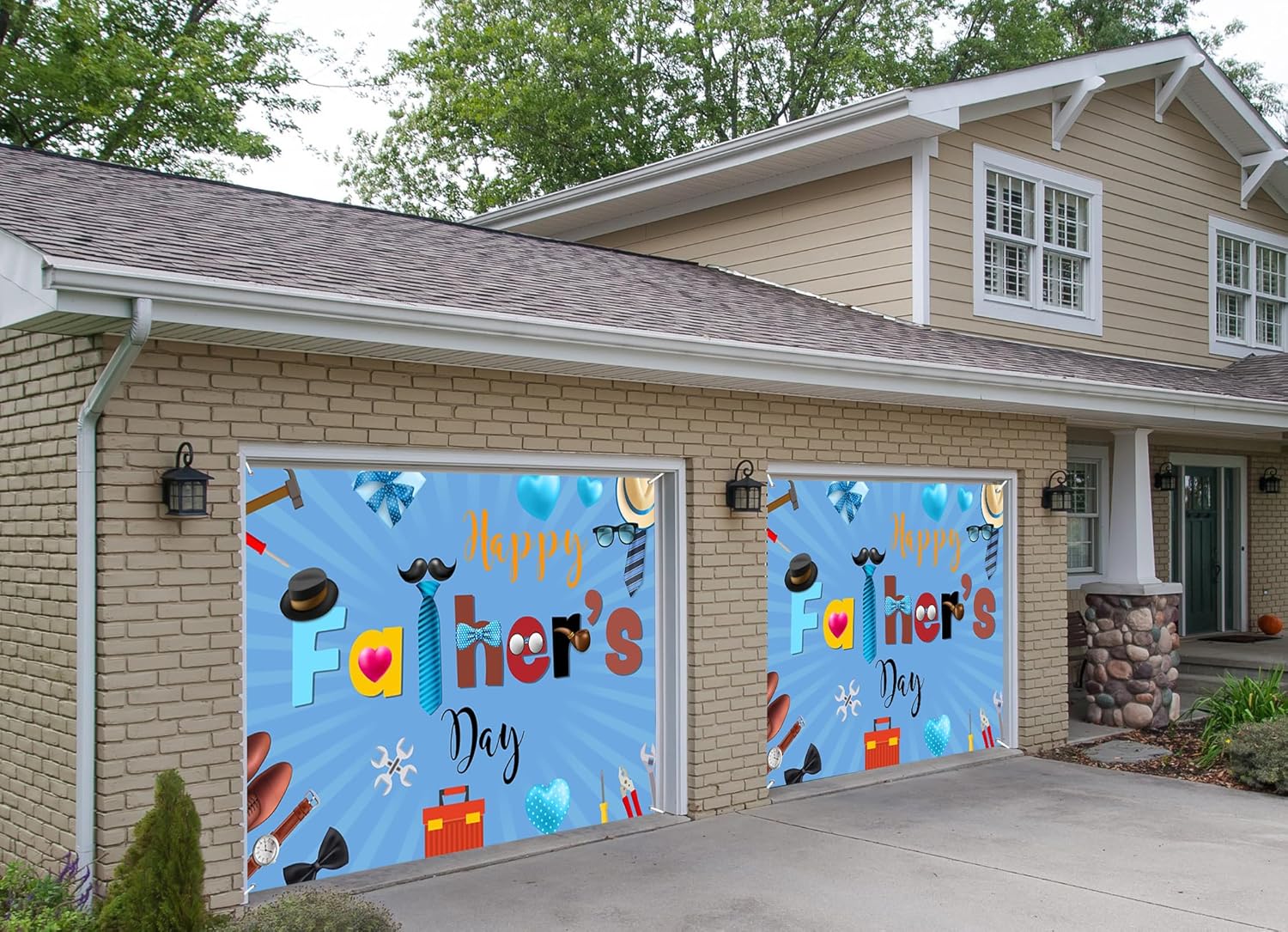 7x8ft Happy Father's Day Garage Door Decor Blue Tie Gift Box Love Stripe Cartoon Pattern Garage Door Background for I Love Dad Adults Dad Man Family Festival Decoration Banner
