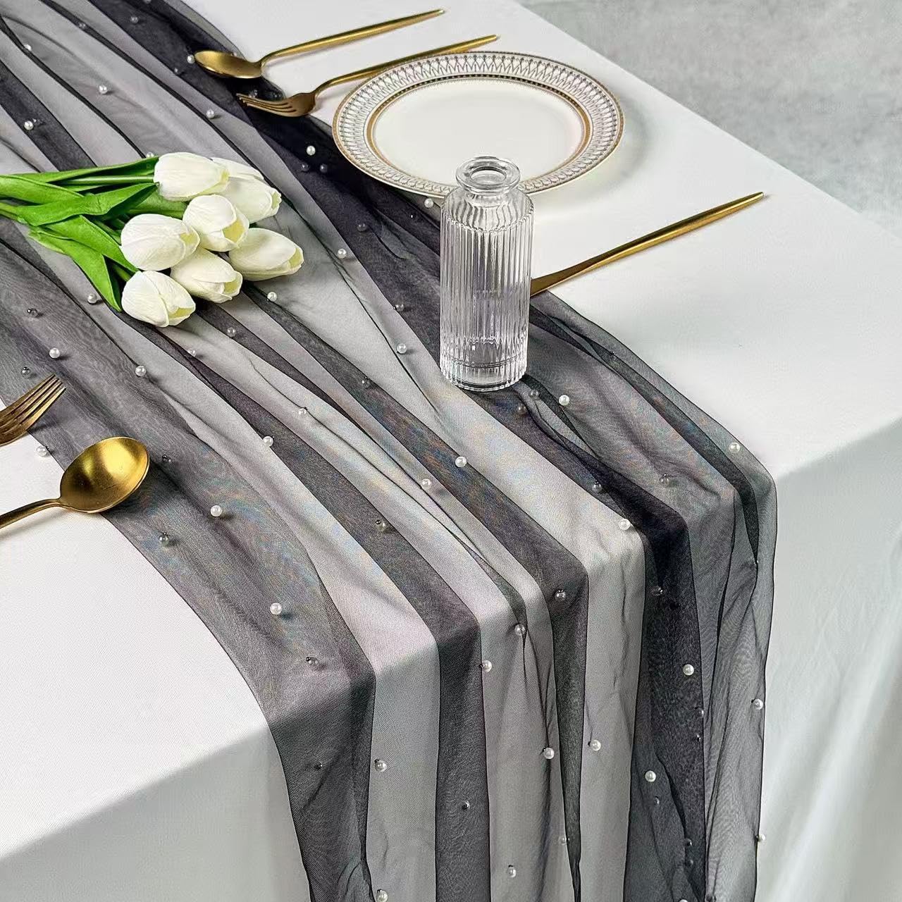 Plancholo Pearl Table Runner 118 Inches Long Black Boho Rustic Tulle Table Runner with White Pearls for Wedding Birthday Party Table Decor, 30x118 Inches