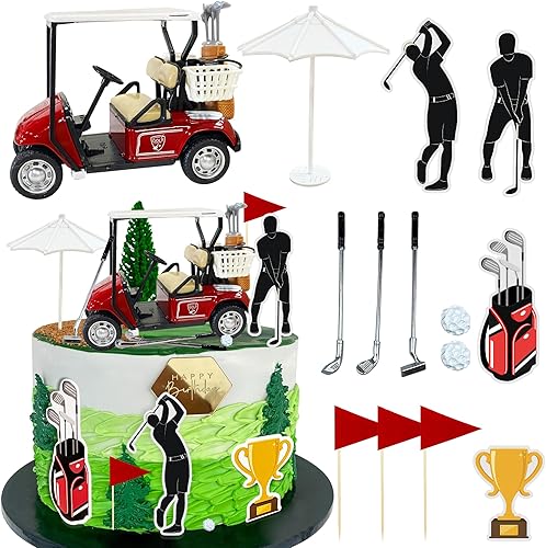 Decoraciones de pastel de golf para decoración de pastel verde, decoraciones de cumpleaños para golfistas con bandera de carrito, pelota de golf