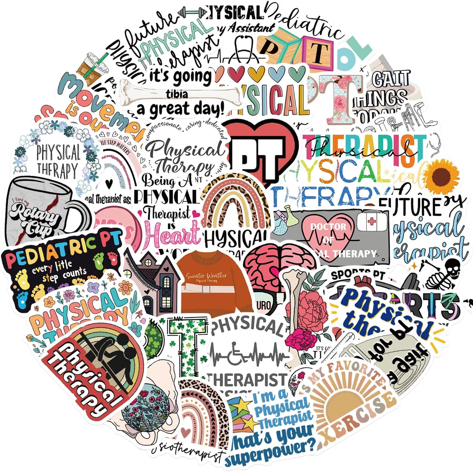 50 PCS Physical Therapy Stickers Pack Positive Physiotherapists Decals for PT Mental Health Awareness for Journals, Laptops, Water Bottles, Therapist Office Decor (Physiotherapists)