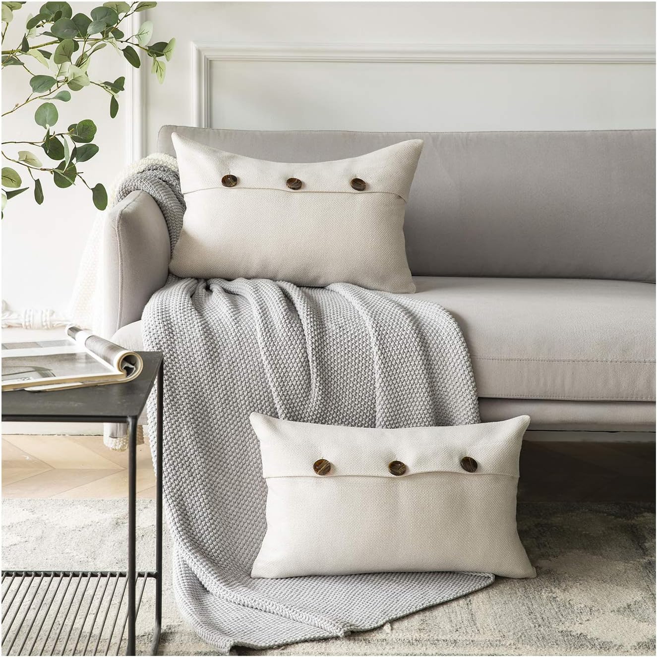 Azume Off White Lumbar Throw Pillow Covers for Couch Line Couch Pillows with Triple Button,Decorative Pillows for Living Room,12x20 Inch Vintage Rustic Farmhouse Pillow Covers for Couch Sofa Bed
