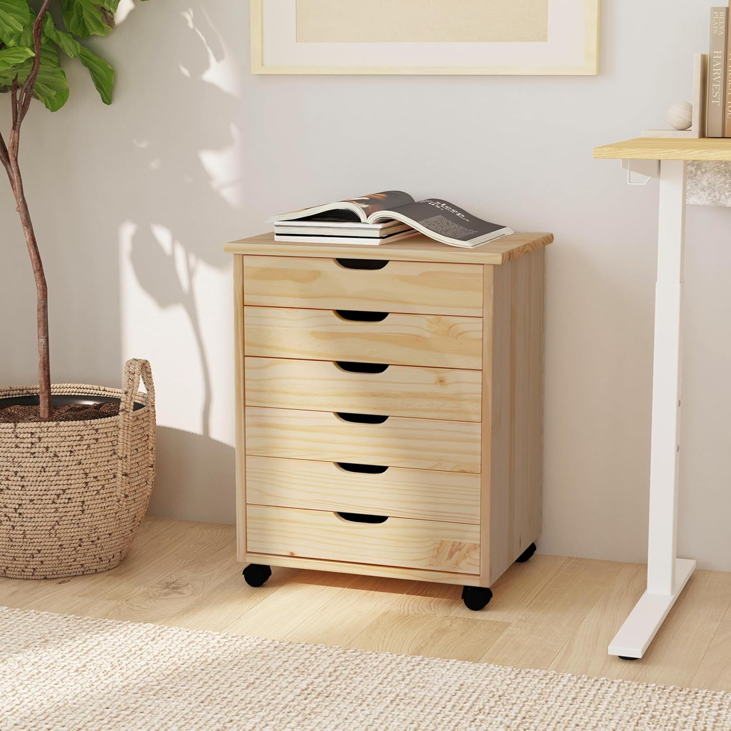 Linon Home Decor Products Corinne Six Drawer Wide, Natural Rolling Cart