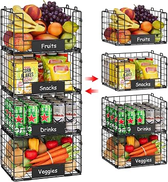JKsmart 4 Pack XL Stackable Wire Baskets, Pantry Organizers and Storage | Pantry Baskets with Handles and Name Plates, Muti-Purpose for Snack Organizer & Vegetable Basket & Fruit Basket & Snack Rack