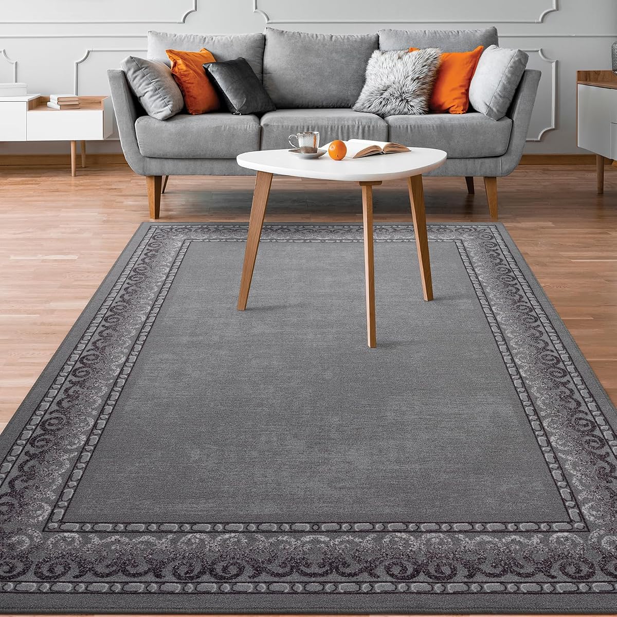 Alfombras Bordered Modern 8x10 Non-Slip (Non-Skid) Low Pile Rubber Backing Indoor Area Rug (Gray, 7'10" x 10')