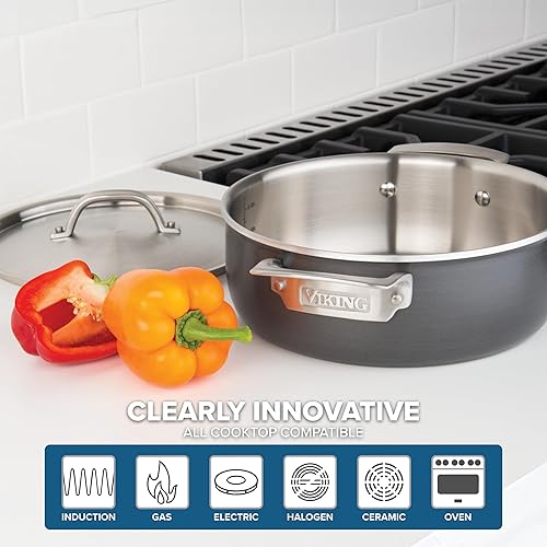 Miniatura 5 de Viking Juego de ollas y sartenes de 5 capas, 10 piezas de utensilios de cocina anodizados duros, tapas de acero inoxidable, color plateado