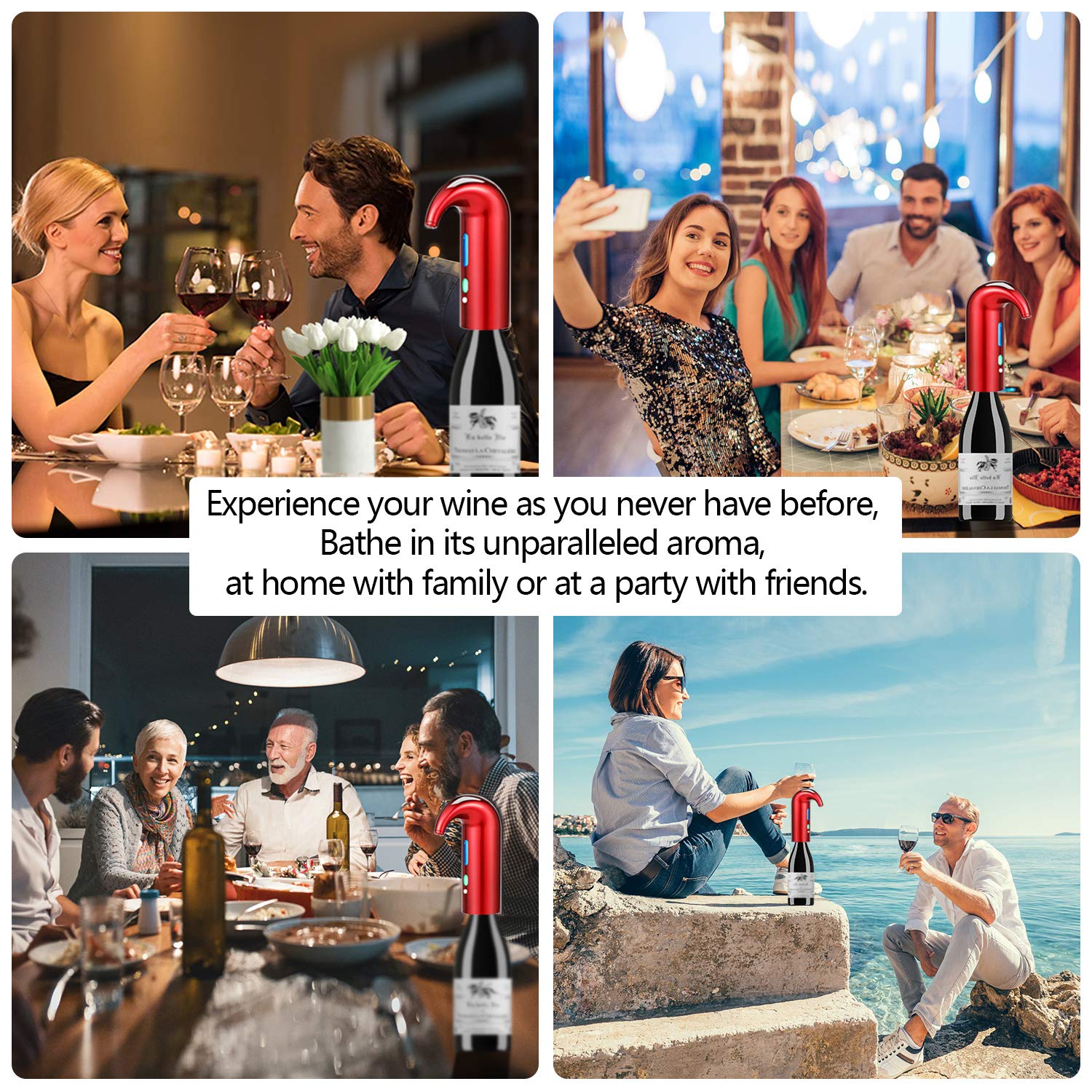 Aérateur de vin électrique avec bec verseur - Distributeur de vin - Distributeur de vin multi-intelligent - Filtre automatique - Bec verseur d'aération de qualité supérieure (rouge chanceux)