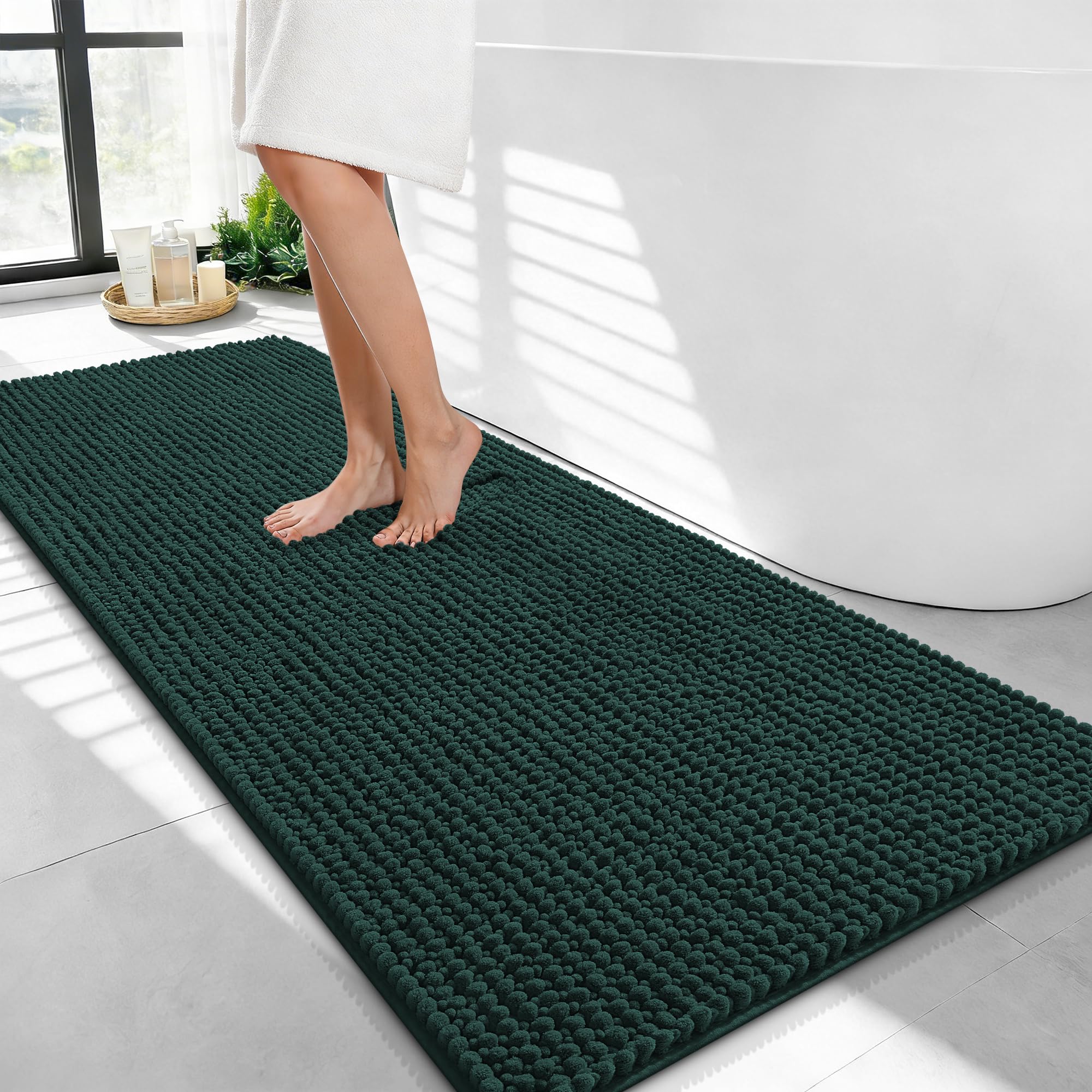 OLANLY Thick Chenille Bathroom Runner Rugs Mats 44x24, Blackish Green