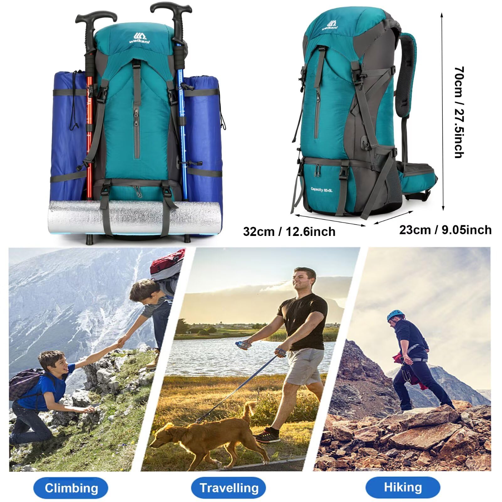 Mochila de senderismo de 70 litros con funda para lluvia, mochila grande para senderismo para hombres y mujeres, impermeable, mochila ligera para deportes al aire libre, viajes, senderismo