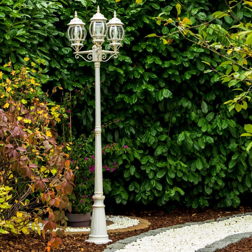 Lampada da esterno Lentua, candelabro in stile antico, metallo in bianco/oro con vetri, lampada da sentiero a 3 bracci 215 cm, lampada da giardino retrò/vintage, attacco E27, IP44, senza lampadina/e