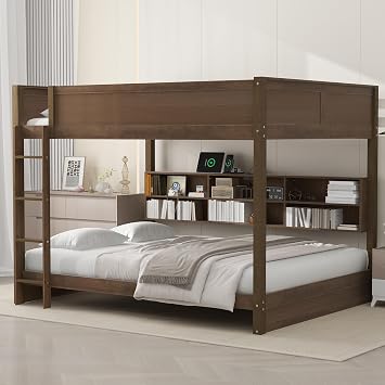 Linique Queen Over Queen Bunk Bed with Storage Cabinets and USB Ports,Wooden Queen Bunk Bed with Ladder for Adults,Antique Wood Color