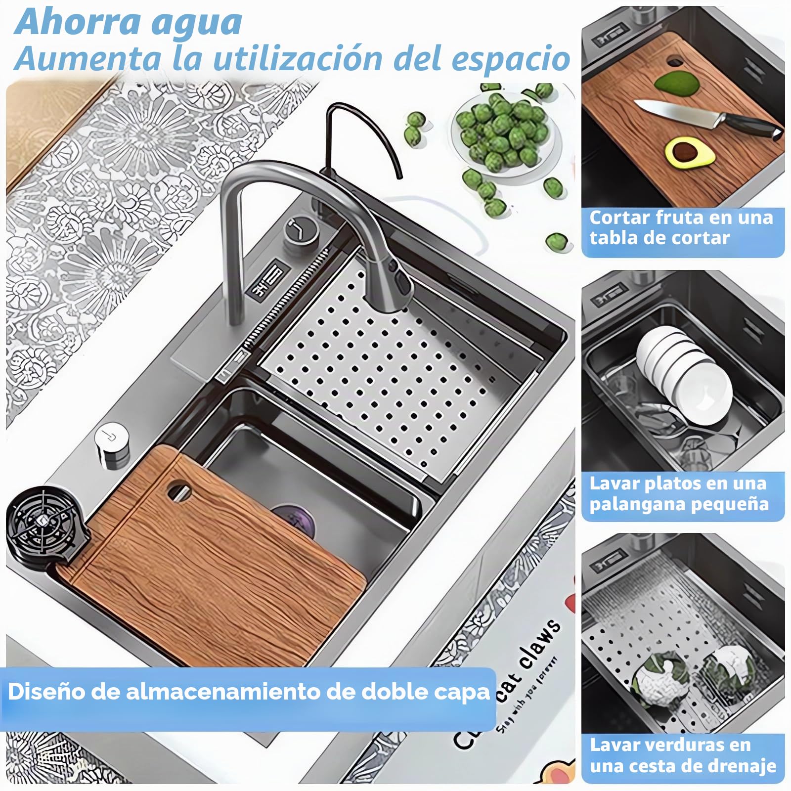 Moderno fregadero de cocina de acero inoxidable de 85 x 45 cm, lavabo individual multifuncional, elegante diseño negro gris, fácil de limpiar, ideal para cocinas domésticas y restaurantes