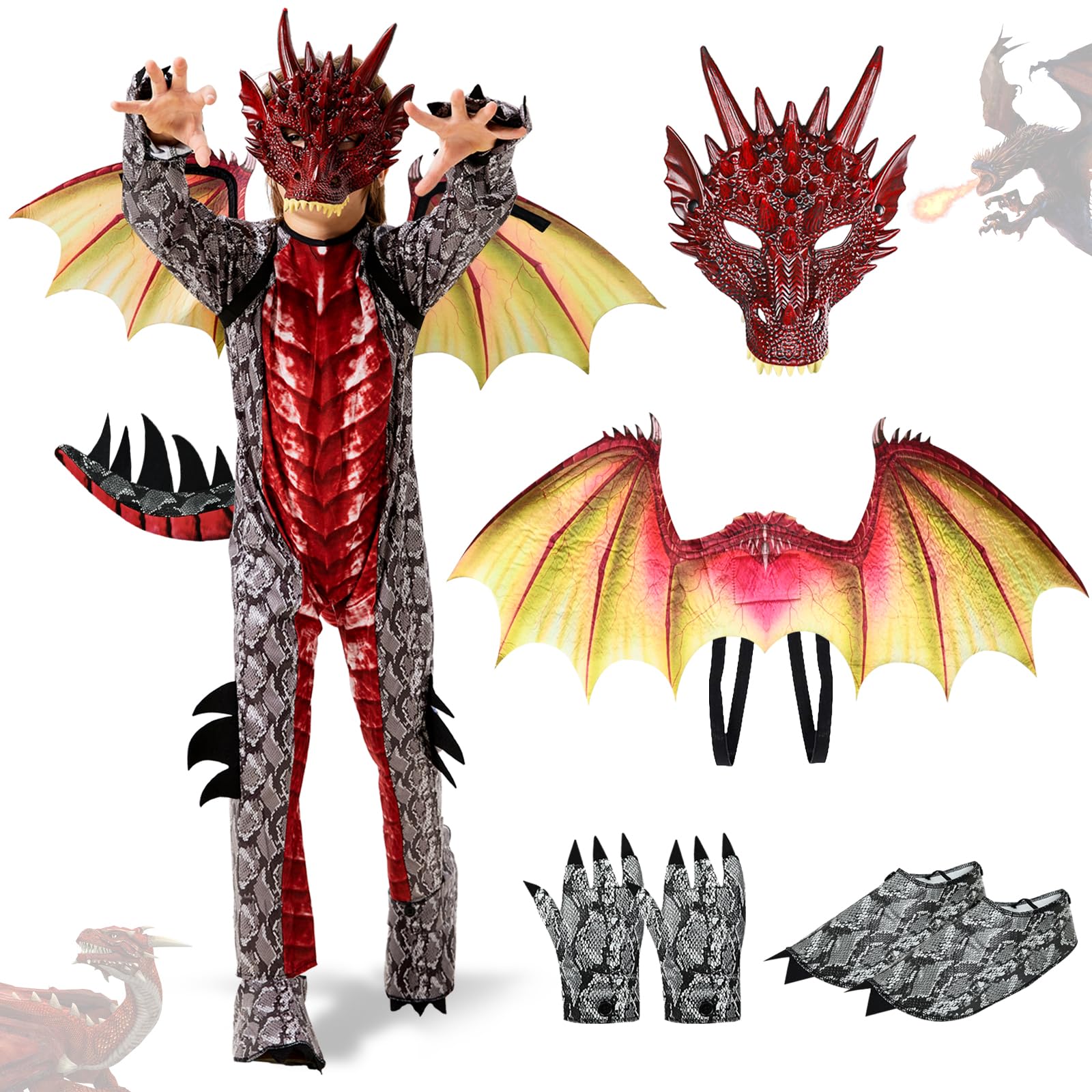 Ulikey Costume da Drago Bambino, Costume Carnevale Ragazzi, con Ali di Drago, Maschera da Drago, Dinosauri per Bambini Blu Rosso, Drago Tute per Bambini Carnevale Halloween Feste Cosplay