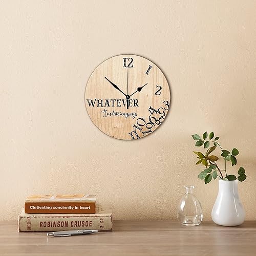 Miniatura 4 de Reloj de pared de 10 pulgadas, de grano de madera rústica, divertido con texto en inglés "Whatever I'm Late Anyways", reloj de pared vintage de