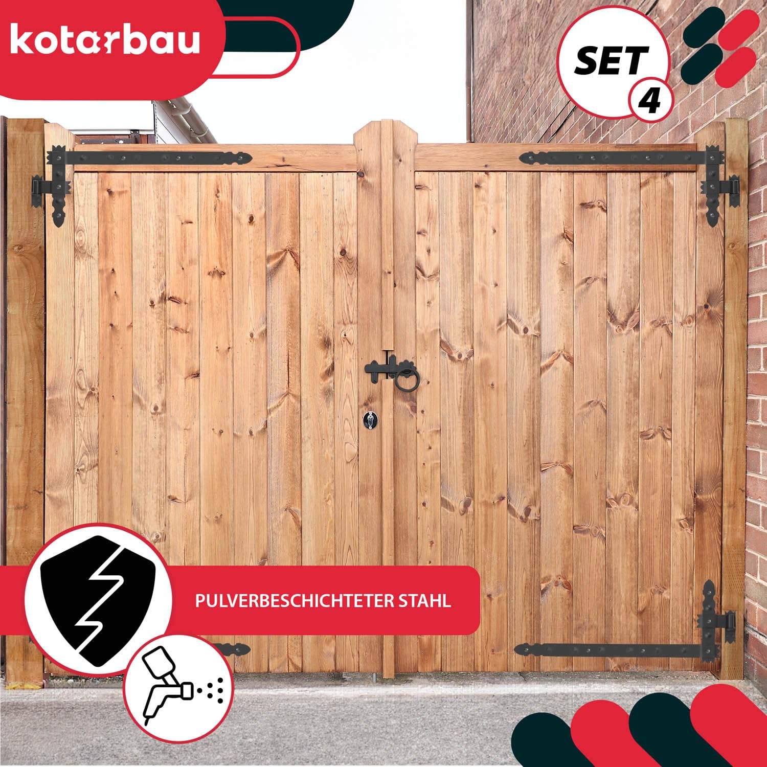 KOTARBAU® 4 x Bisagras angulares, Herraje para contraventanas, Puertas y portones, Bisagras en L 800 x 50 mm, 4 Bisagras para contraventanas de Madera, Bisagras Decorativas, 4 x Gozne + Quicio, Negro