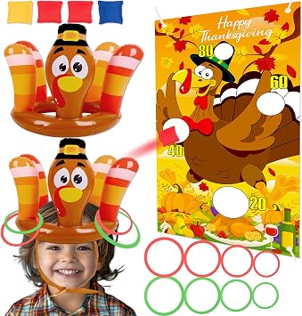 90shine 3Pcs Thanksgiving Turkey Ring Toss Games for Kids - Fall Bean Bag Inflatable Hat Toys for Adults Family Activities Party Favors Indoor Outdoor - Style 1