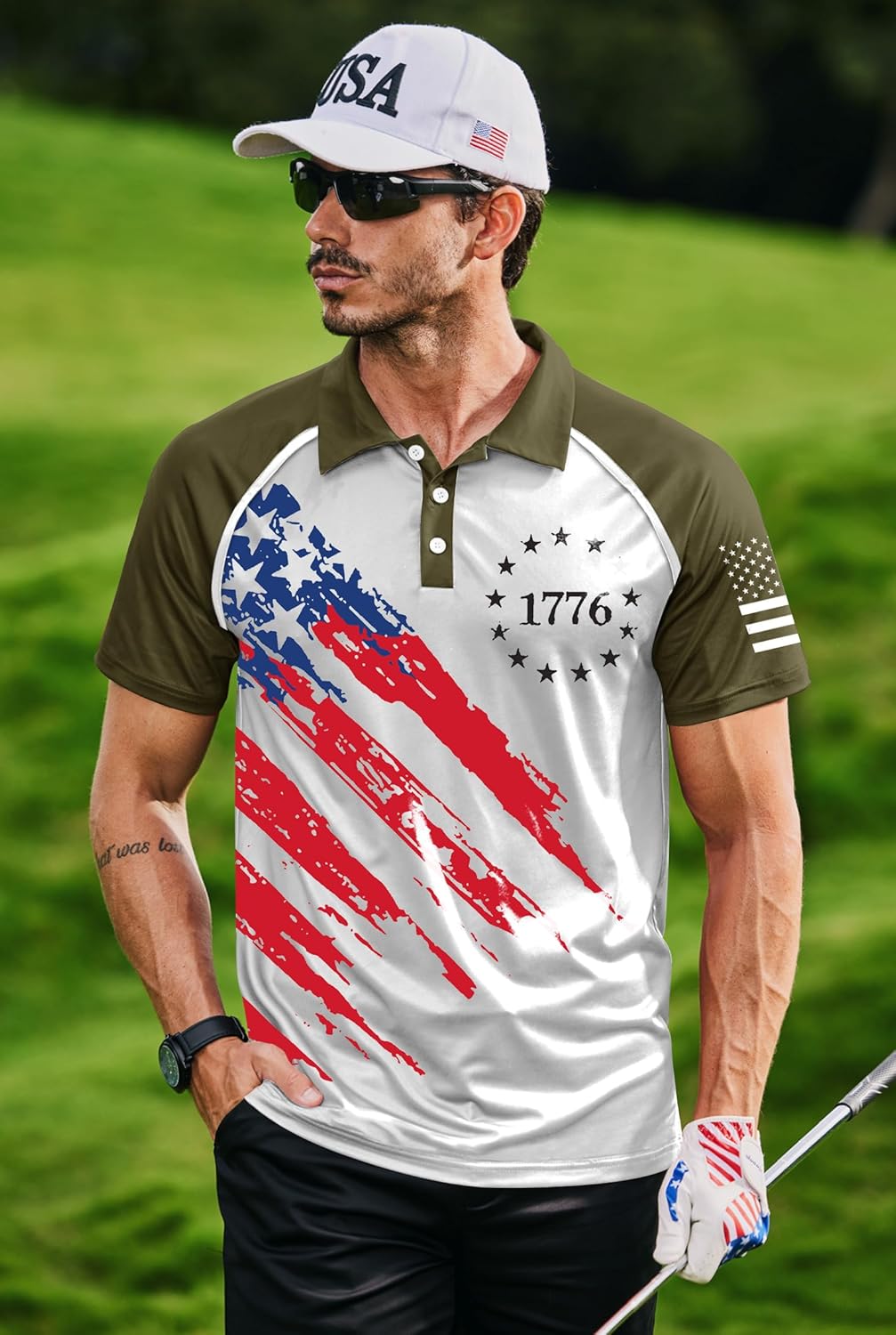 Mainfini Men's Short Sleeve Golf Shirts UPF 50+ Raglan Patriotic American Graphic Polo Shirt (S-3XL)